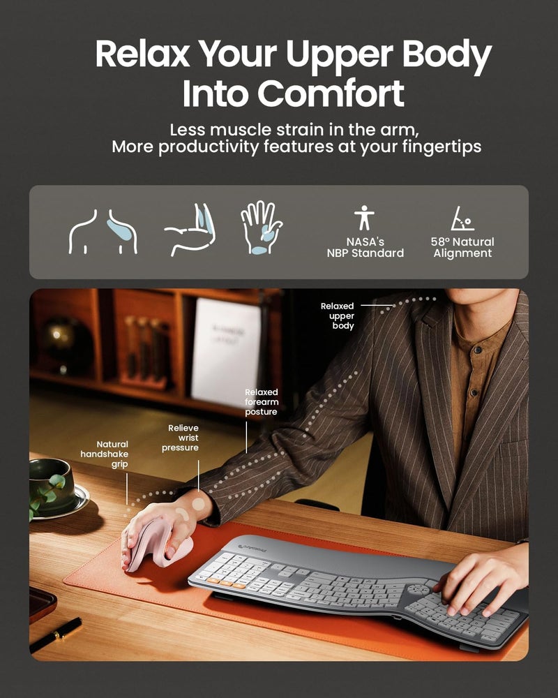 ProtoArc فأرة عمودية مريحة، EM11 NL فأرة لاسلكية قابلة لإعادة الشحن بلوتوث، فأرة مريحة مع 3 أجهزة متعددة للكمبيوتر/المحمول/اللابتوب، 2.4GHz فأرة بصرية لنظام ويندوز، ماك أو إس، وردي - Image 4